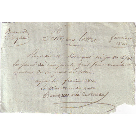 HERAULT - AGDE - POSTES AUX LETTRES - BUREAUX D'AGDE - FEVRIER 1820 - RECU - SIGNATURE DE LA DIRECTICE.
